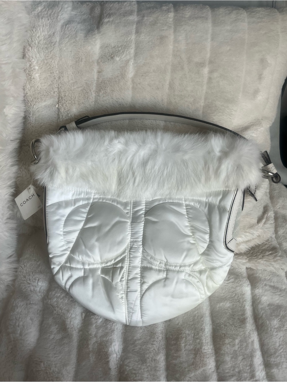Coach White Quilted Shoulder Bag with Faux Fur Trim